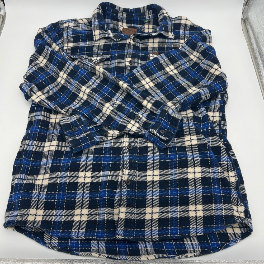 Orvis Flannel Shirt Heavy Men Large Blue White Plaid Lumberjack Shacket Pockets